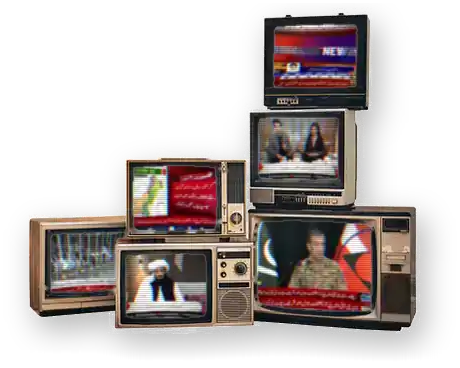 a stack of televisions, a different pakistani news channel playing on each